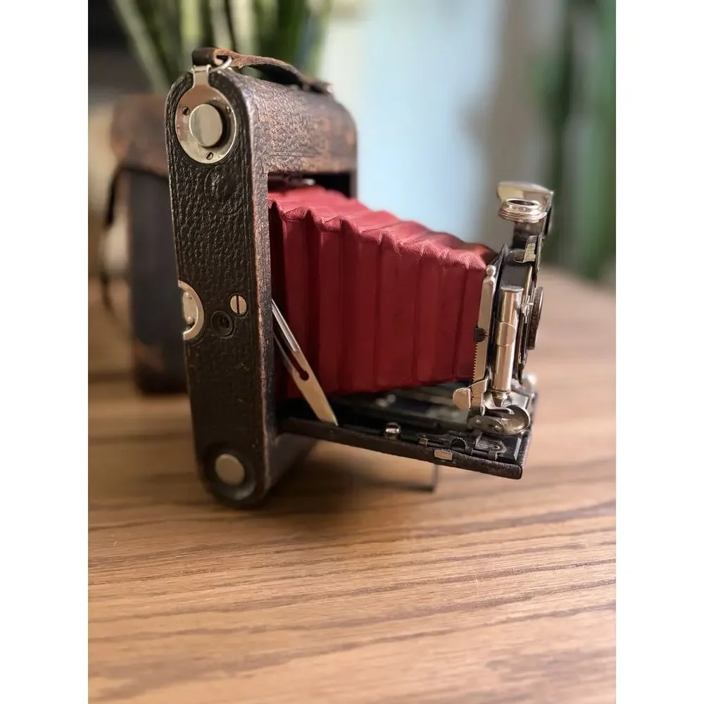 Antique Kodak No. 3 Folding Pocket Camera Model E4 Red Leather Bellows With Case
